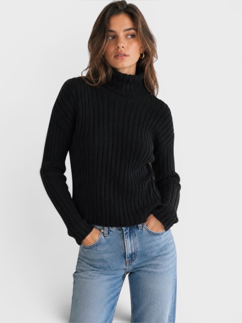 823 Avalin Cotton Ribbed Black Boxy Turtleneck Sweater